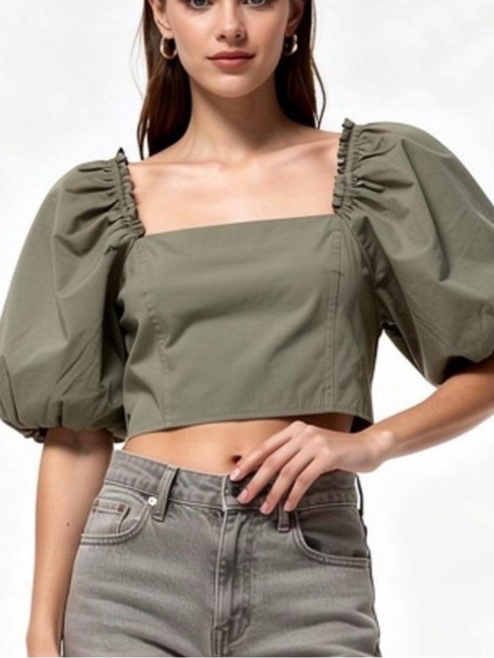 Jason Wu Cropped Peasant top Puff-Sleeve Square-Neck Crop Top - green